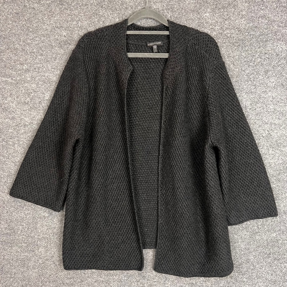 Eileen Fisher Cardigan Womens L Black Excellent Merino Wool Open Front Knit